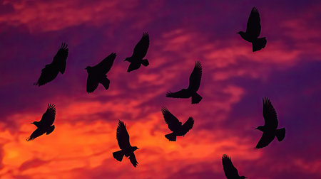 Detailed shot of a flock of birds flying in silhouette against a dramatic orange and purple sky at duskの素材