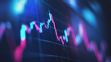 Detailed shot of a stock price graph with moving averages and volume indicators, on a financial websiteの素材