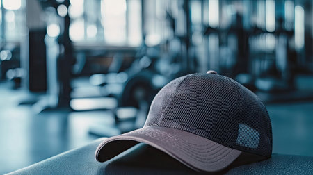 Detailed shot of a sports cap with a mesh back and adjustable strap, placed on a gym bench with fitness equipment -の素材