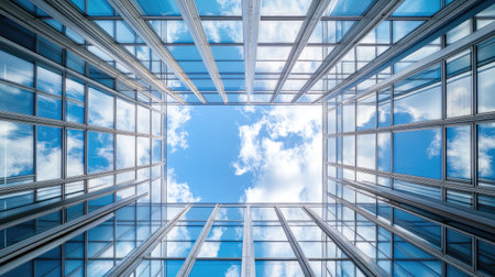 Detailed shot of a skyscraper structural framework and high-altitude windows with a blue sky backdropの素材