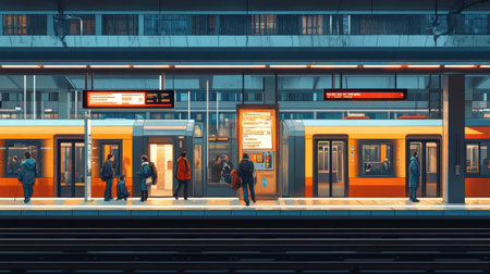 Detailed shot of a subway station with passengers entering and exiting trains, and modern transit signageの素材