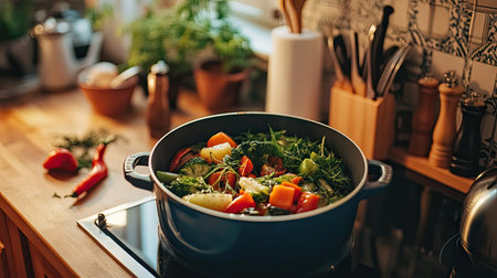 Detailed shot of a pot with freshly prepared vegetables and herbs, set on a kitchen counter with cooking tools nearby -の素材