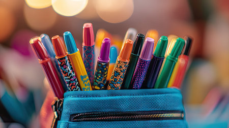 Detailed shot of a pencil case filled with an assortment of colored pens and markers, with a soft, blurred background -の素材