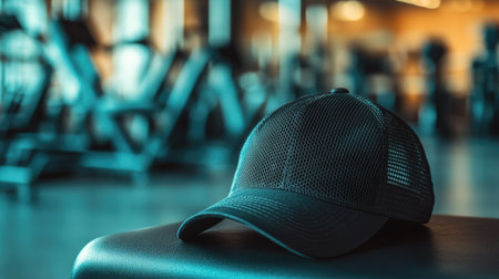 Detailed shot of a sports cap with a mesh back and adjustable strap, placed on a gym bench with fitness equipment -の素材