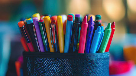 Detailed shot of a pencil case filled with an assortment of colored pens and markers, with a soft, blurred background -の素材