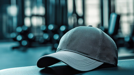 Detailed shot of a sports cap with a mesh back and adjustable strap, placed on a gym bench with fitness equipment -の素材