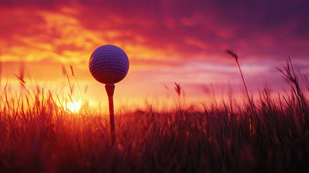 Detailed shot of a golf tee and ball against a vibrant sunrise or sunset, with dramatic lighting and colors -の素材