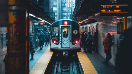 Detailed shot of a subway station with passengers entering and exiting trains, and modern transit signageの素材