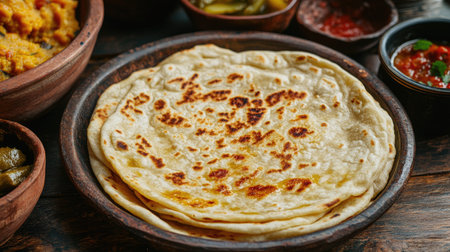 Detailed shot of a roti with a perfectly golden surface, placed on a traditional Indian serving dish with a side of picklesの素材