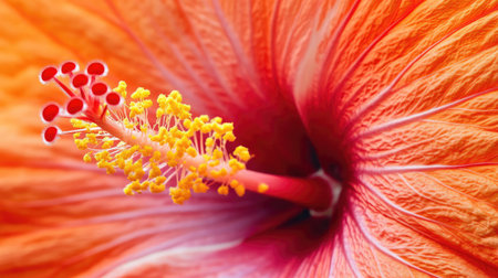 Detailed shot of a vibrant hibiscus flower, focusing on the intricate stamen and petal textureの素材