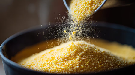 Detailed shot of cornmeal being poured into a mixing bowl, with the texture and color of the ingredient prominently featuredの素材