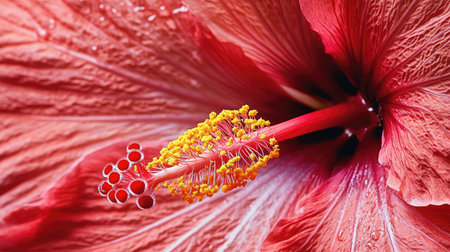 Detailed shot of a vibrant hibiscus flower, focusing on the intricate stamen and petal textureの素材