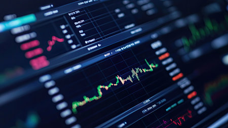 Detailed shot of financial data on a computer screen, including line graphs and performance indicatorsの素材