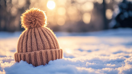 Detailed shot of a warm knitted beanie with a pom-pom, resting on a snowy surface with winter sceneryの素材