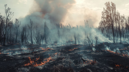 Detailed shot of a wildfire's aftermath, with charred trees and smoke lingering in the air over a burned landscapeの素材