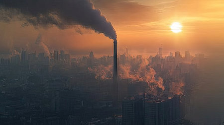 Detailed shot of industrial smoke rising from a factory chimney, with a city skyline and pollution effects -の素材