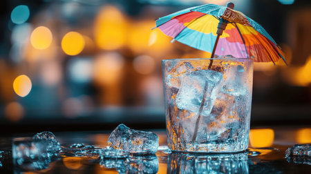 Detailed shot of a water glass with a colorful cocktail umbrella and ice cubesの素材
