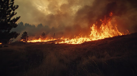 Detailed shot of a wildfire spreading across a landscape, with fire consuming grass and trees under a smoky sky -の素材