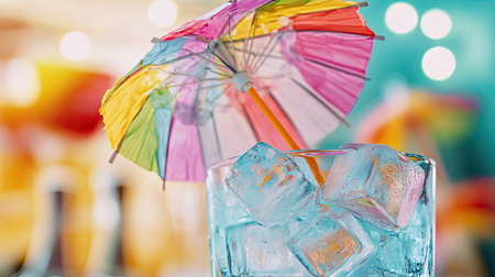 Detailed shot of a water glass with a colorful cocktail umbrella and ice cubesの素材
