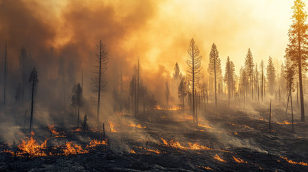 Detailed shot of a wildfire's aftermath, with charred trees and smoke lingering in the air over a burned landscapeの素材