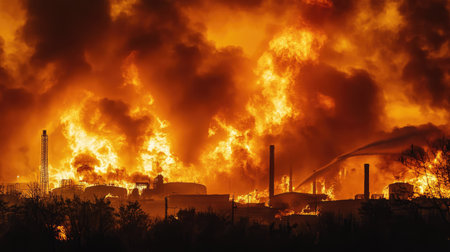 Detailed view of a fire burning in an industrial area, with bright orange flames and heavy smoke clouding the surroundingsの素材