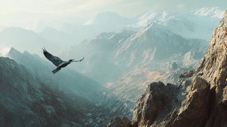 Detailed view of a bird gliding close to a mountain range, with clear focus on the bird and rugged landscapeの素材