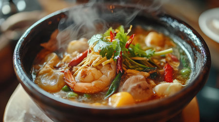 Detailed shot of Tom Yum Goong served in a traditional Thai bowl, with steam rising and fresh ingredients like lemongrass and chilies visibleの素材