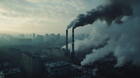Detailed shot of industrial smoke rising from a factory chimney, with a city skyline and pollution effects -の素材