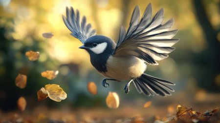 Detailed view of a bird hovering close to the ground, with its wings flapping and background blurredの素材