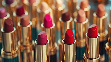 Detailed view of a collection of lipstick tubes in various colors and finishes, arranged neatly on a stylish makeup counter -の素材