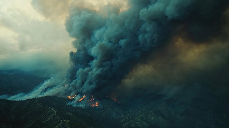 Detailed shot of thick, dark smoke from a wildfire blanketing a mountain range, with a hazy skyの素材