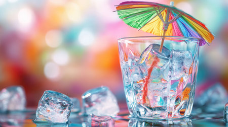 Detailed shot of a water glass with a colorful cocktail umbrella and ice cubesの素材