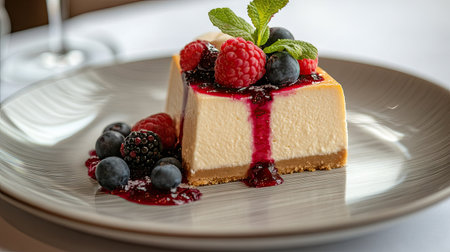 Detailed view of a classic cheesecake with a graham cracker crust and berry compote, served on a stylish dessert plate -の素材