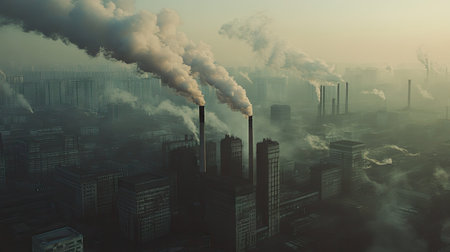Detailed shot of industrial smoke rising from a factory chimney, with a city skyline and pollution effects -の素材