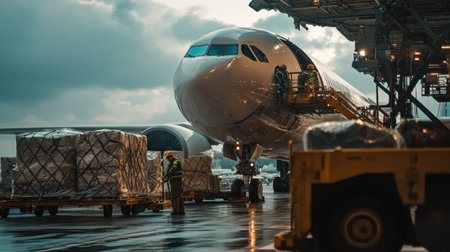 Detailed view of a cargo plane being loaded with freight at an airport, with ground crew and equipment in focusの素材