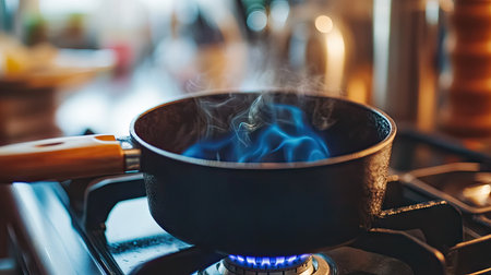 Detailed view of a cast iron pot with a wooden handle, simmering on a gas stove in a well-equipped kitchenの素材
