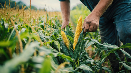 Detailed view of a farmer harvesting corn from a field, with a focus on the golden ears and lush greenery -の素材