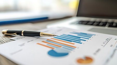 Detailed view of a financial report with bar graphs and pie charts on a desk with a laptop and penの素材