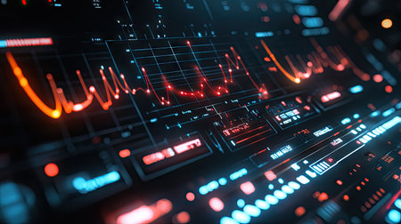 Detailed view of a digital signal generator screen with dynamic electrical wave patterns and adjustmentsの素材
