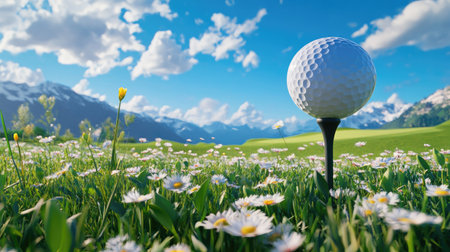 Detailed view of a golf ball on a tee, with a picturesque golf course and blue sky in the backgroundの素材