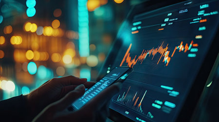Detailed view of a financial graph showing market volatility, with a person reviewing data on a digital device -の素材