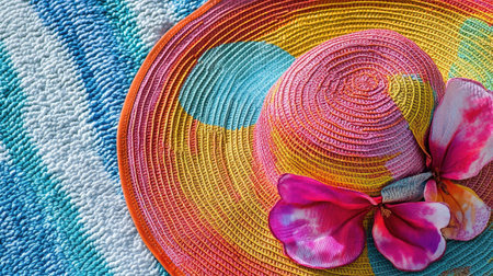 Detailed view of a colorful summer sunhat with wide brim and floral pattern, lying on a beach towel -の素材