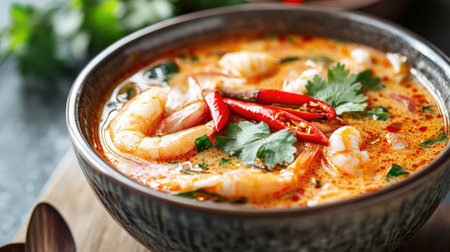 Detailed view of a hot bowl of Tom Yum Goong with vibrant red chili slices and fresh cilantro, served in a traditional Thai bowlの素材