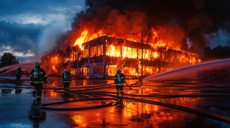 Detailed view of a large fire consuming a commercial building, with firefighters and hoses working to control the blazeの素材