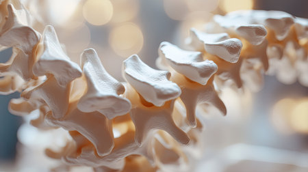 Detailed view of a human spine model, focusing on the vertebrae and alignment, medical conceptの素材