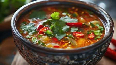 Detailed view of a hot bowl of Tom Yum Goong with vibrant red chili slices and fresh cilantro, served in a traditional Thai bowlの素材