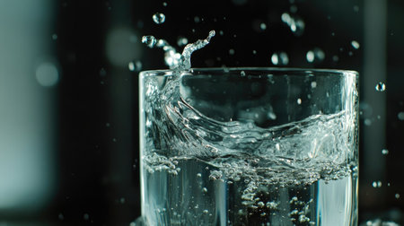 Detailed view of a glass of water with a splash of water and dropletsの素材