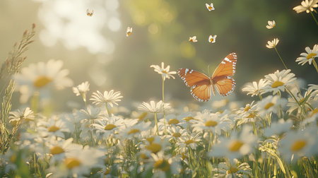 Detailed view of a meadow filled with wild daisies and butterflies fluttering among the flowers -の素材
