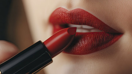 Detailed view of a lipstick being applied to lips, with focus on the rich color and even application in a natural settingの素材