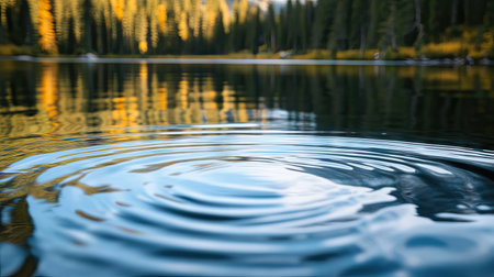 Detailed view of a serene lake with rippling waves reflecting the surrounding trees and sky --の素材